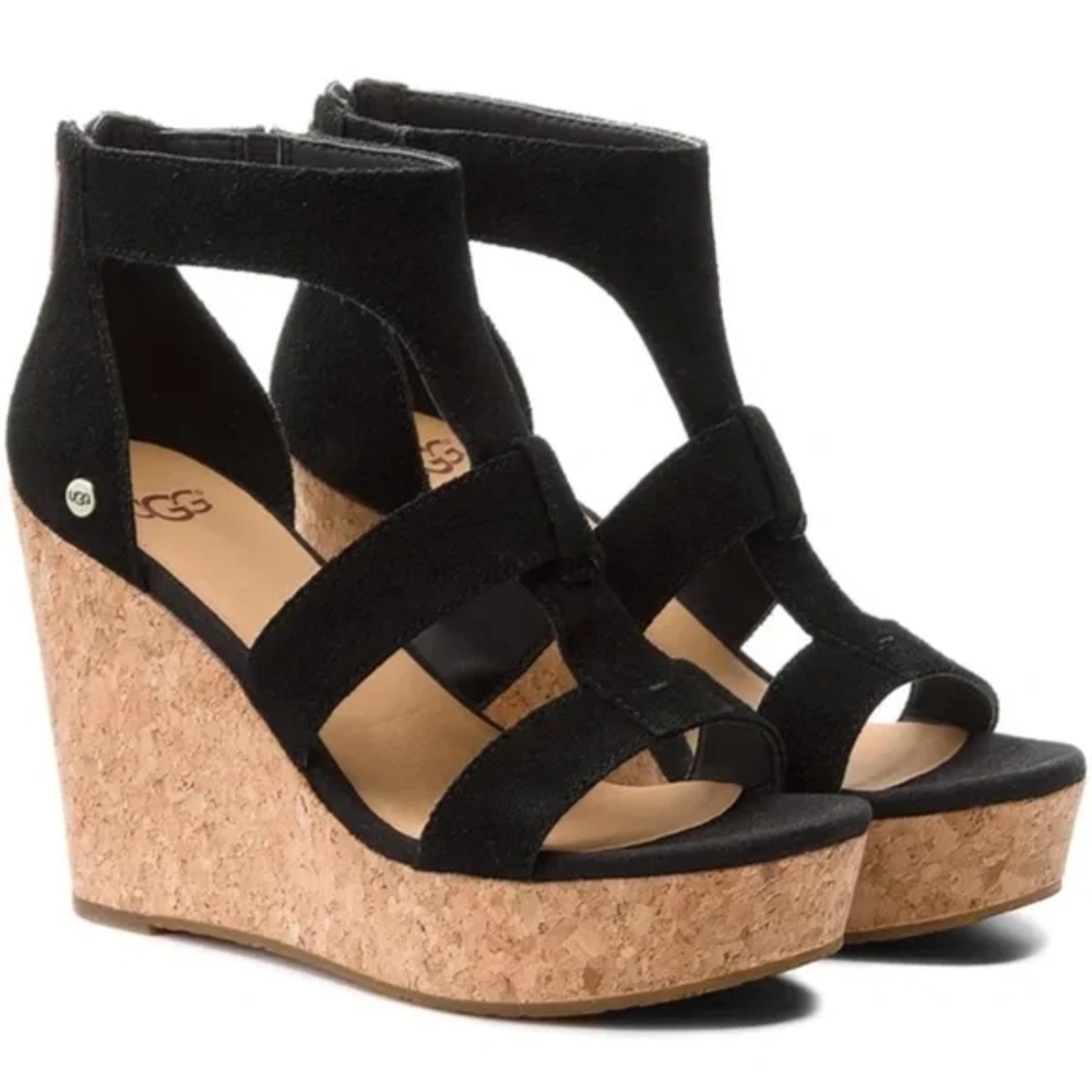 UGG Black Suede Wedges with Cork Platform